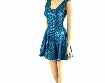 Turquoise Mermaid Scale Holographic Fit and Flare Sleeveless Tank Skater Dress