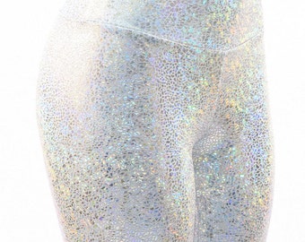 Silver on White Holographic Metallic Shattered Glass High Waist Leggings  -150225