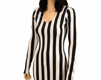 Long Sleeve Scoop Neck Bodycon Dress in Vertical Black and White Stripe - 156489