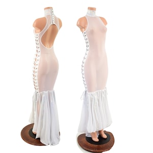 Sheer White Mesh See Through Backless Gown with Side Laceups, Snap Back Turtleneck and puddle train -15810195
