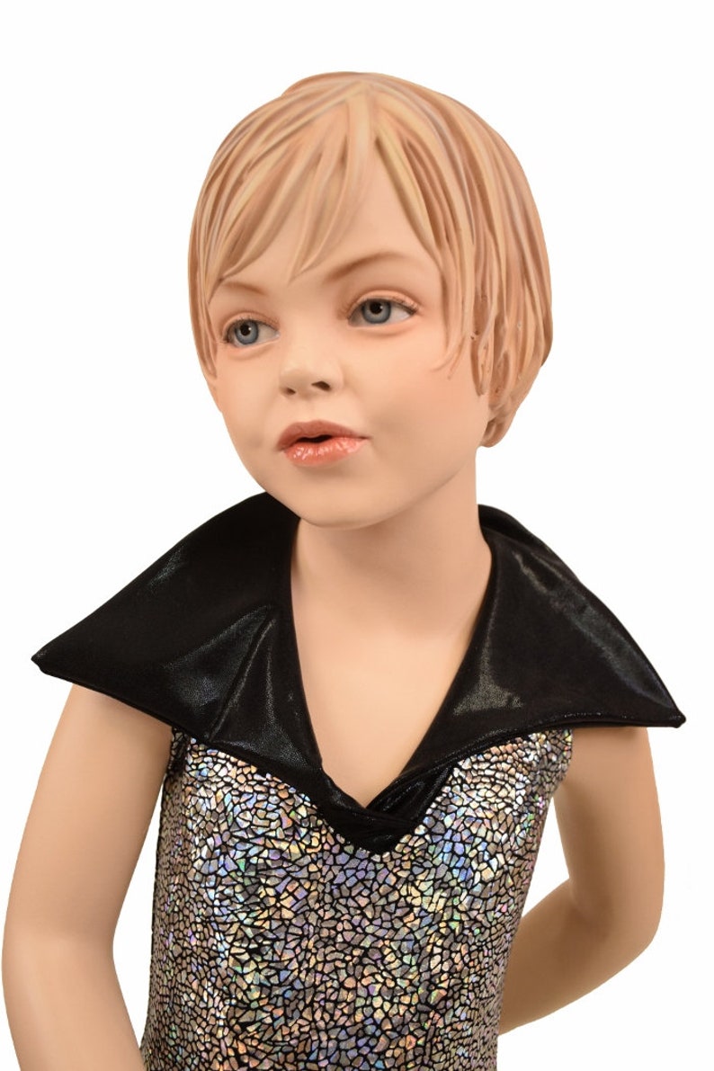 Kids Bootcut Catsuit with Back Zipper and Disco Collar Silver on Black Shattered Glass with Black Mystique Collar 156799