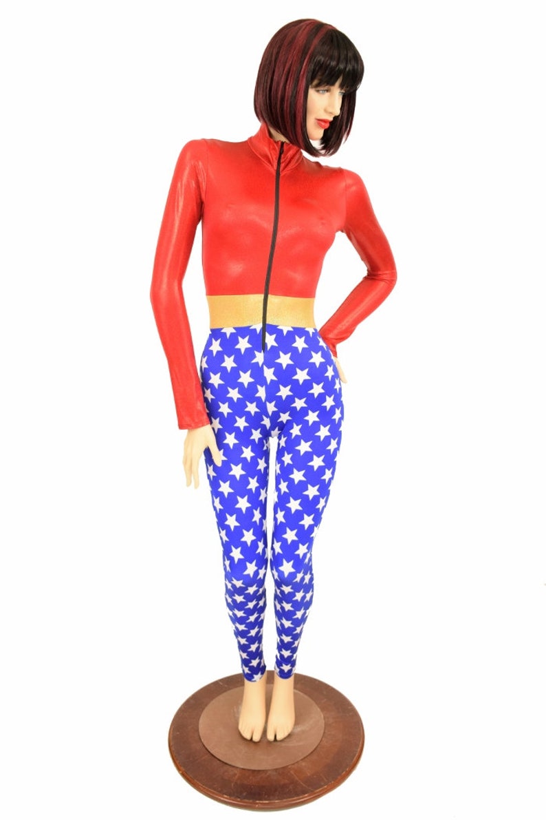 156285 Wonder Woman Inspired Turtle Neck Front Zipper Long Sleeve Catsuit in Blue /& White Star Gold SJ Waistband Red Top
