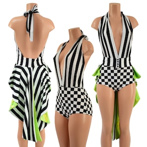 2PC Josie Romper / Black & White Striped Bodice , and Black and White Checkered Hips + Tux Back Belt in Stripes and Neon Lime Holo  1579165