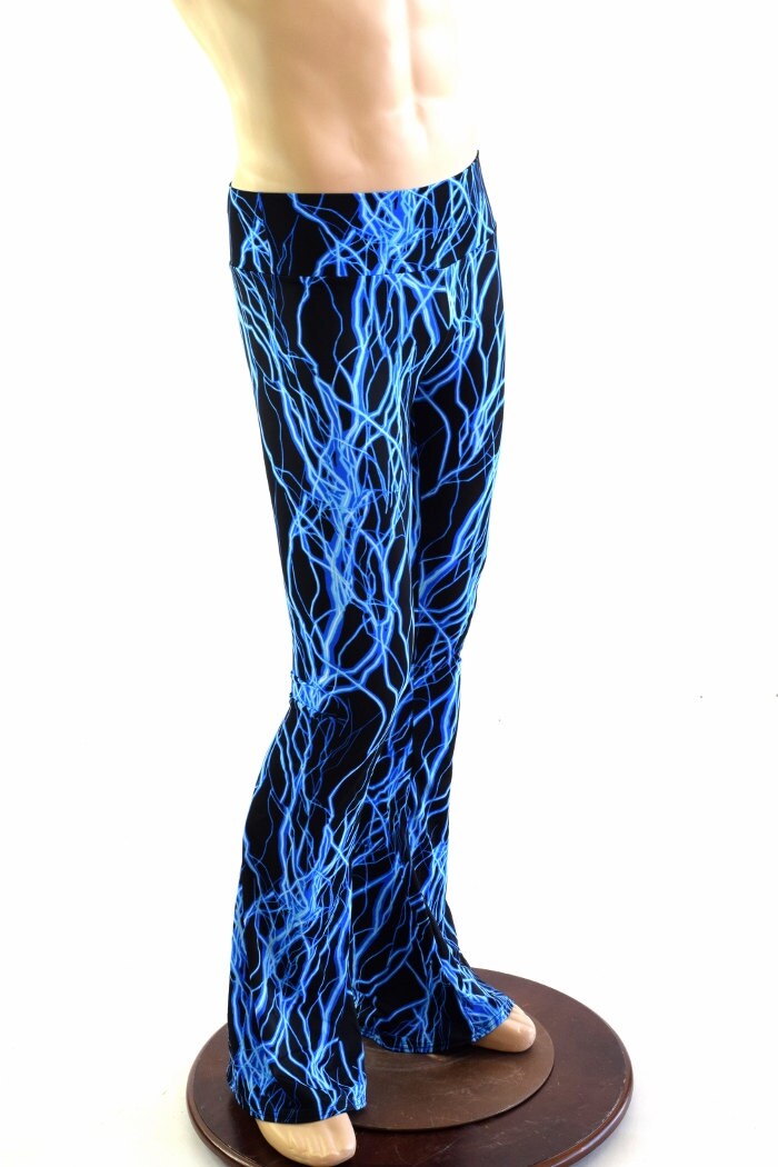Mens Neon UV Glow Blue Lightning Bootcut Spandex Pants