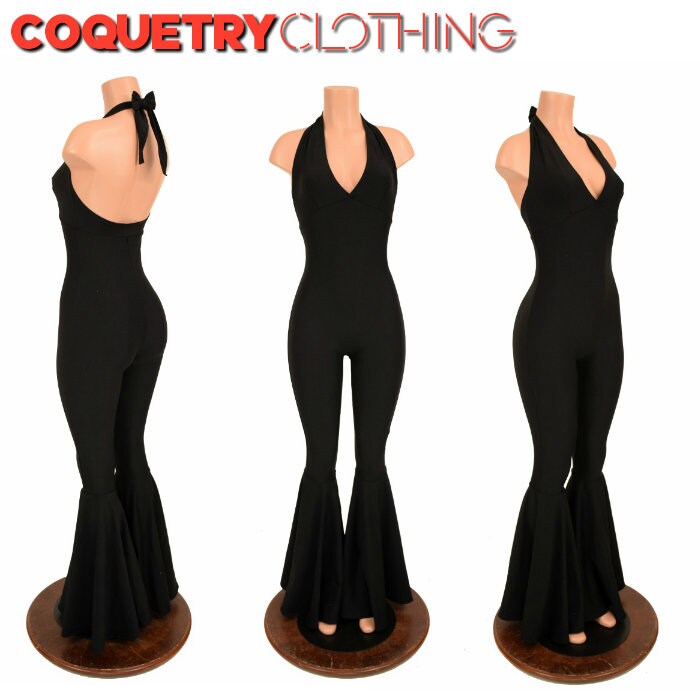 Black Zen Monroe Halter Catsuit With Bell Bottom Flares