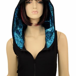 Sleeveless Black Zen Soft Knit Zipper Front Hoodie Crop Top w/Turquoise on Black Shattered Glass Hood Lining Rave Festival Clubwear - 155664