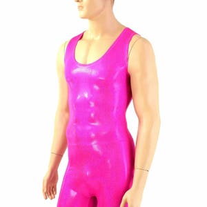 Mens Neon Pink Sparkly Jewel Singlet Cut Sleeveless Romper  - 154586