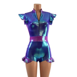 2.0 Moonstone Flip Sleeve Stella Romper with boy cut leg , Flip sleeve liner, side panels, waist panel, & Hip Ruffles in Plumeria - 157958