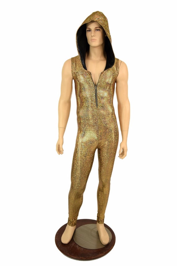 Gold Fish Scale Zipper Front Sleeveless Hoodie Catsuit w/Black Zen Hood Lining Rave Festival EDM Party Animal - 155352 .br Gold Fish Scale Zipper Front Sleeveless Hoodie Catsuit w/Black Zen Hood Lining Rave Festival EDM Party Animal - 155352 .br