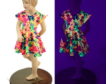 Girls UV glow Acid Splash Skater Dress with Flip Sleeves 157869