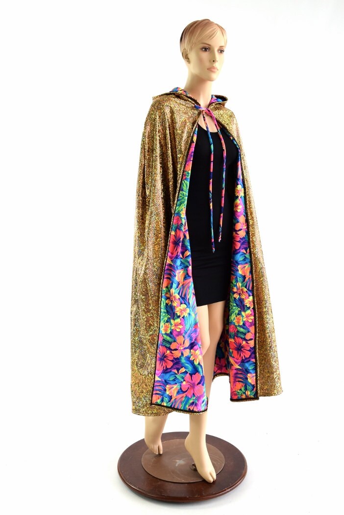 50" ou 60" Long pleine longueur réversible or sur fond noir brisé verre & Neon Tahiti Floral à capuche Cape manteau 152444 50