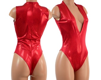 Red Sparkly Jewel Romper with Plunging V Neckline and BRAZILIAN cut leg,  Sleeveless 1580999