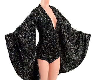 Star Noir Plunging V Neck Romper with Fan Sleeves and Boy Cut Leg -