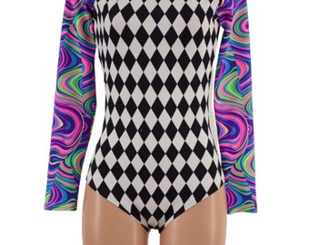 Black and White Diamond Print Romper with Glow Worm Sleeves.  Turtleneck, back zipper, and siren cut leg. 157723