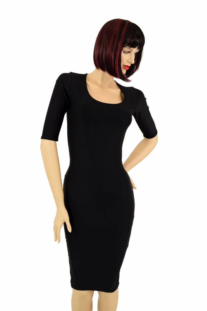 black half sleeve bodycon dress Black Zen Soft Knit Half Sleeve Scoop Neck Wiggle Dress