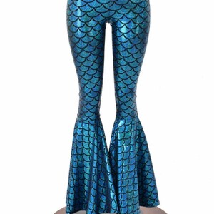 Turquoise Dragon Scale High Waist Mermaid Bell Bottom Flare Pants ...