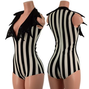 Black Mystique Demonica Collared Black and White Vertical Stripe Sleeveless Romper with Boy Cut Leg