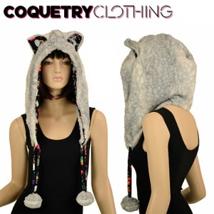 Silver Fawn Minky Faux Fur Pom Pom Hood with Cat Ears and Unicorn and Rainbows liner // Unicorn and Rainbows ties - 156330