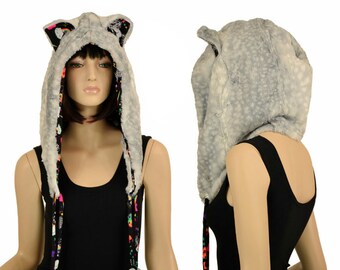 Silver Fawn Minky Faux Fur Pom Pom Hood with Cat Ears and Unicorn and Rainbows liner // Unicorn and Rainbows ties - 156330