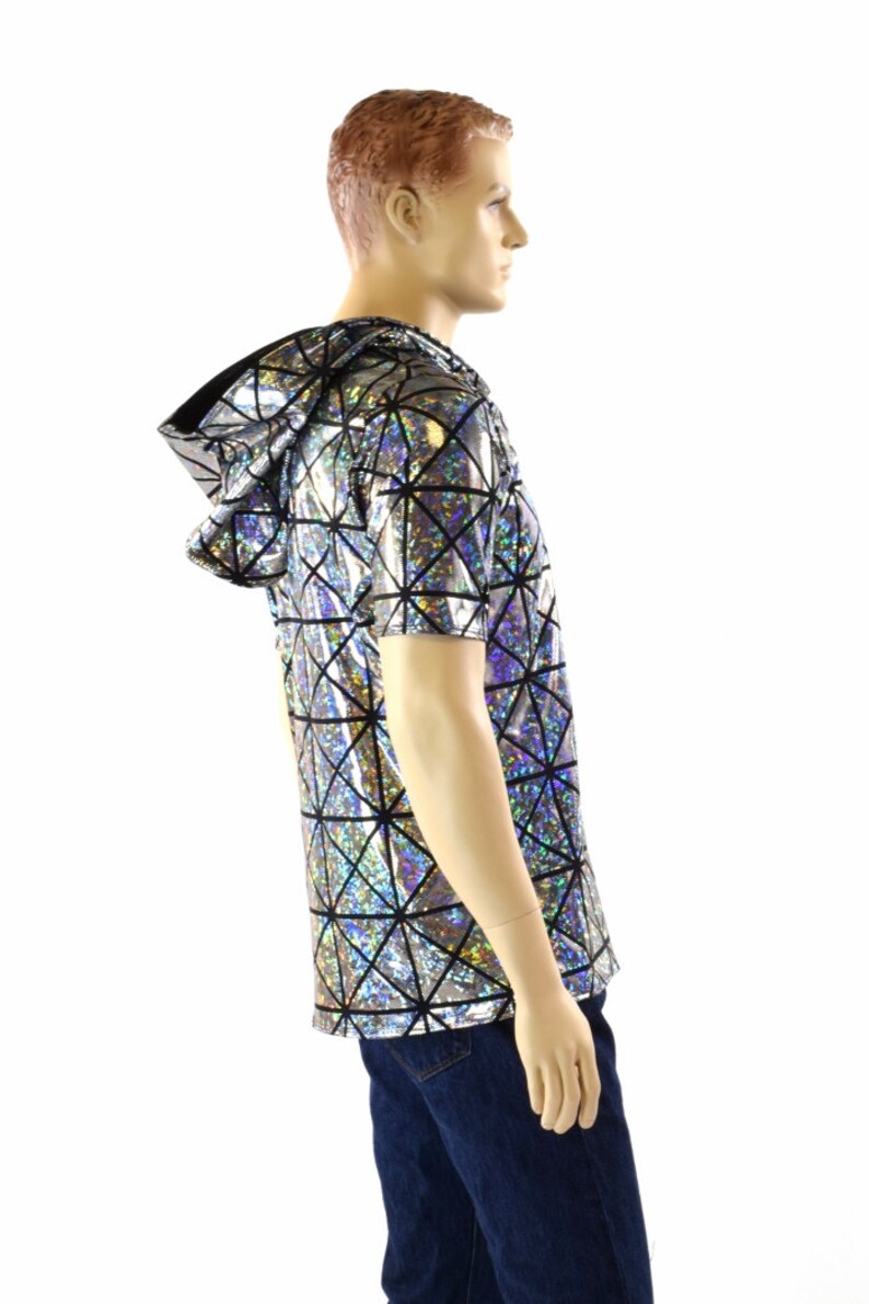 Mens Silver on Black Holographic Cracked Tiles Hoodie Shirt with Short Sleeves & Black Zen Hood Lining 152177 image 3