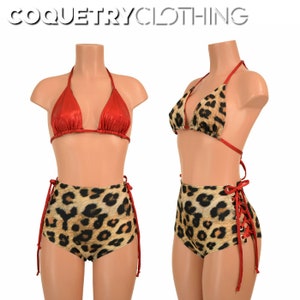 May include: Red and leopard print bikini set with a halter top and high-waisted bottoms with lace-up sides.