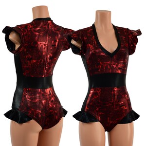 Primeval Red Flip Sleeve Siren Romper // V Neck, Flip sleeve liner, side panels, waist panel, & Hip Ruffles in Black Mystique - 158056