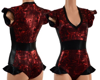 Primeval Red Flip Sleeve Siren Romper // V Neck, Flip sleeve liner, side panels, waist panel, & Hip Ruffles in Black Mystique