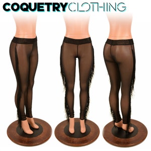 Sheer Black Mesh Midrise Leggings with Black Fringe 156778
