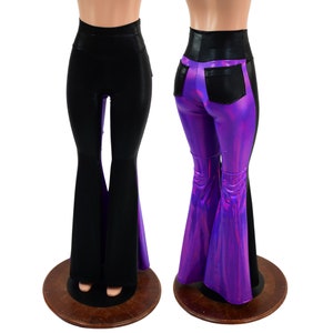 Two Tone High Waist Solar Flares with Back Pockets.  All in Black Mystique with Grape Holographic on the back legs 157939