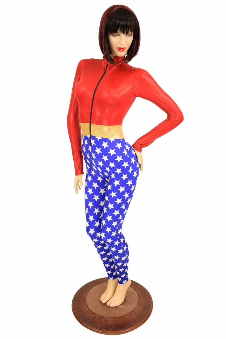 156285 Wonder Woman Inspired Turtle Neck Front Zipper Long Sleeve Catsuit in Blue /& White Star Gold SJ Waistband Red Top