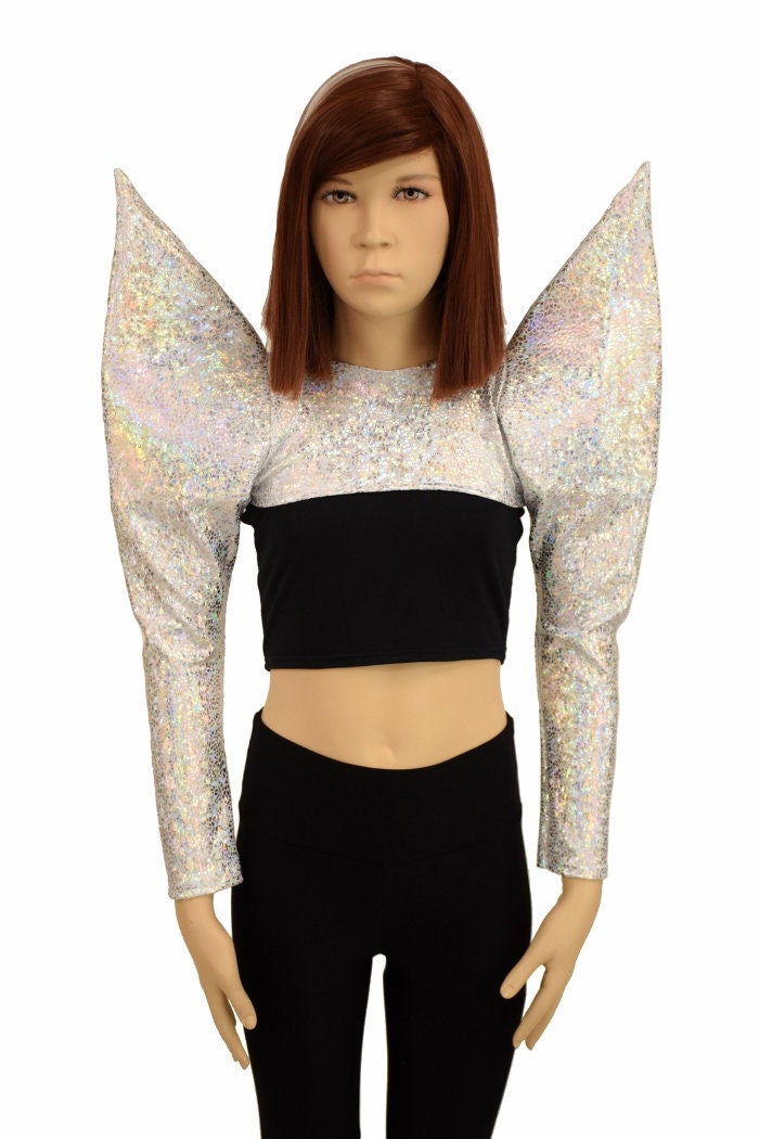 Girls Mega Sharp Shoulder Bolero in Silver on White Shattered Glass Crew Neck and Long Sleeve