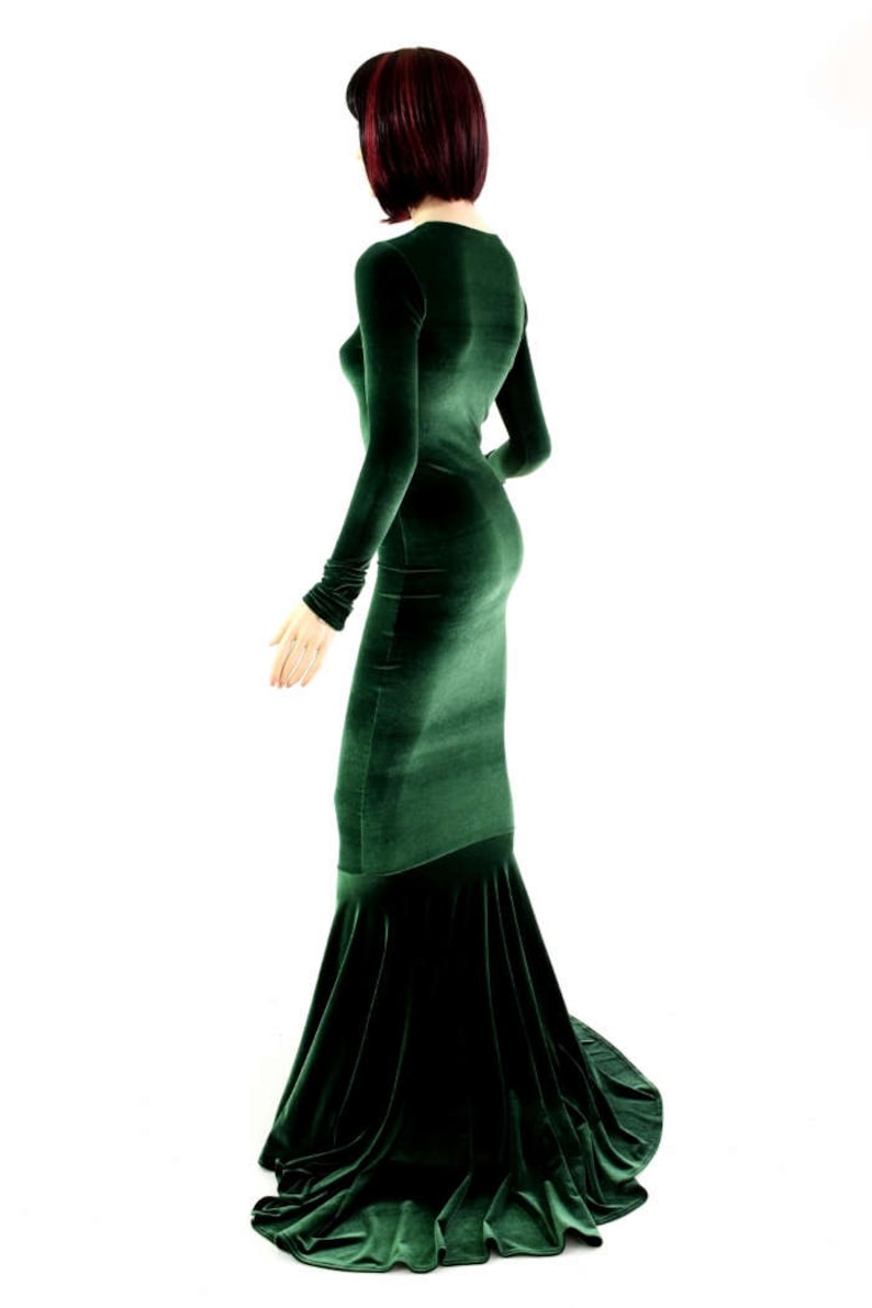 Bewitching Long, Forest Green Velvet Gown with Crew Neckline, Long Sleeves and Puddle Train 154345 image 2