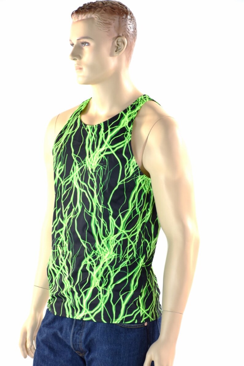 Mens Neon UV Glow Green Lightning Muscle Shirt Mens Rave or Festival Shirt 152321