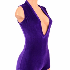 Purple Stretch Velvet Plunging V Neck Sleeveless Romper with Boy Cut Leg  - 155374