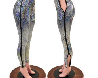 High Waist Silver Kaleidoscope Zip Away Leggings with Double Ended Black Zippers
