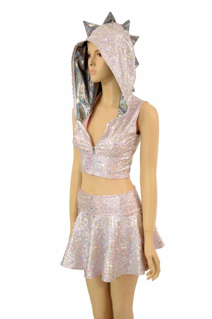 Baby Pink & Silver Mermaid Scale Sleeveless Zipper Front Crop & Rave Skirt Set W/Silver Holographic Spikes Hood Liner