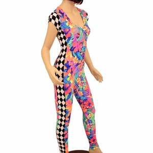 UV GLOW Tahitian Floral Scoop Neck Catsuit with Black & White Diamond Print Cap Sleeves and Side Panels - 155522