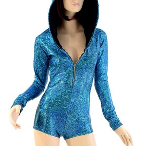 Turquoise on Black Shattered Glass Zipper Front LONG Sleeve Hoodie Romper w/Black Zen Hood Liner Rave Clubwear Festival Onsie -154457