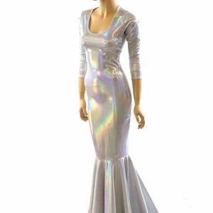 Glamorous, Bombshell Flashbulb Holographic Gown with Scoop Neckline, 3/4 Sleeves and Puddle Train 152025 image 1