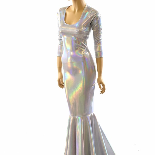 Robe glamour glamour holographique avec lampe flash avec encolure dégagée, manches 3/4 et traîne flaque d'eau