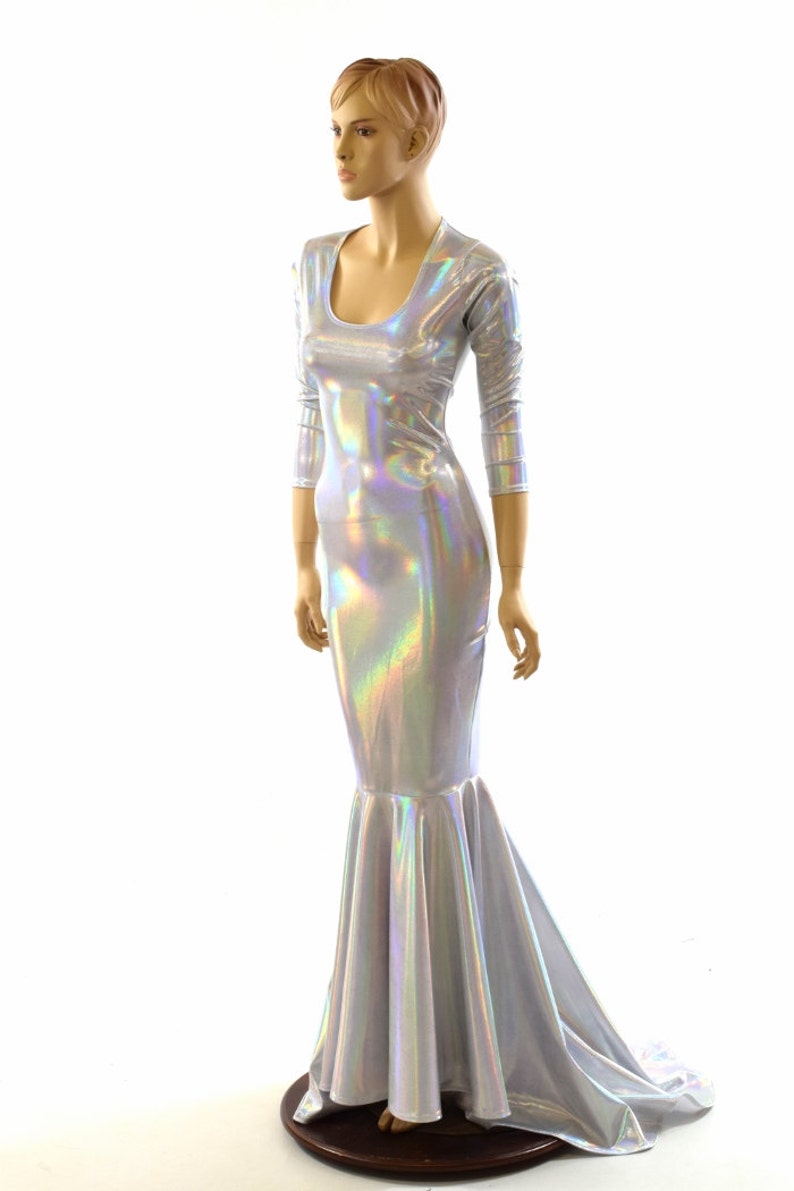 Glamorous, Bombshell Flashbulb Holographic Gown with Scoop Neckline, 3/4 Sleeves and Puddle Train 152025 image 1