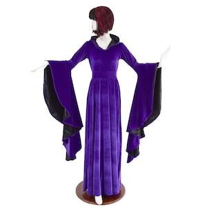 Purple Velvet Fiona Style Gown with Hood and Sorceress Sleeves . Hood lining and sleeve lining in Black Mystique 157584