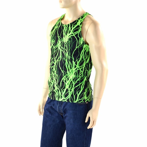 Mens Neon UV Glow Green Lightning Muscle Shirt Mens Rave or Festival Shirt 152321