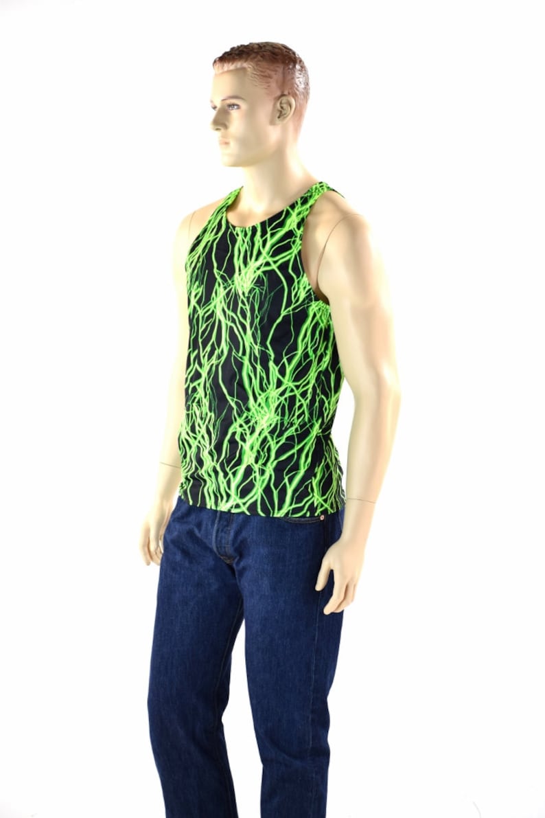 Mens Neon UV Glow Green Lightning Muscle Shirt Mens Rave or Festival Shirt 152321