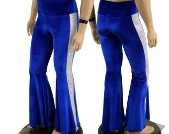 May include: Royal blue velvet bell bottom pants with a silver iridescent stripe down each leg.