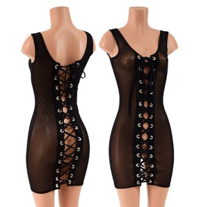 Black Mesh Tank Dress with Laceup in Front AND Back, Smooth Black Spandex Laces  1579119