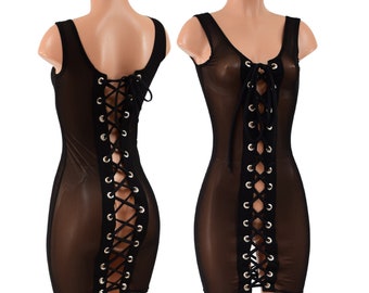 Black Mesh Tank Dress with Laceup in Front AND Back, Smooth Black Spandex Laces  1579119