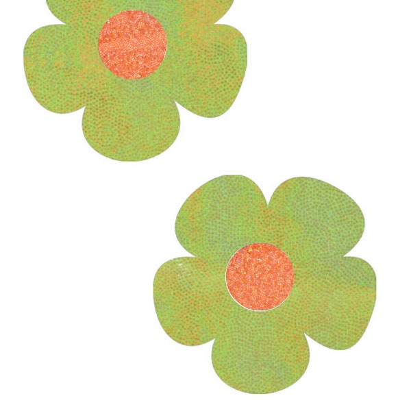 UV GLOW Lime Green Daisy Pasties with Orange Sparkly Jewel Disks Body Stickers Rave Festival Black Light Reactive