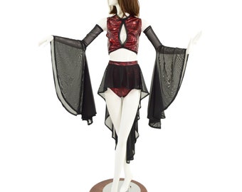 May include: A black mesh high-low skirt with long black mesh sleeves. The skirt is worn over a red and black patterned crop top.