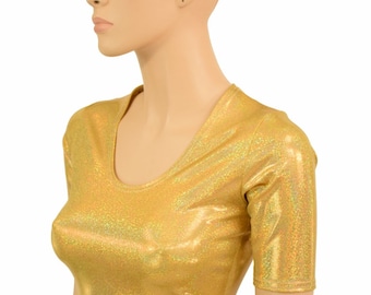 Gold Sparkly Jewel Tee Length Sleeve Scoop Neck Crop Top - 155218